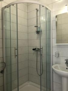 a shower with a glass door next to a sink at Apartments & Rooms Nardin in Izola +37 photos