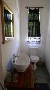 een badkamer met een wastafel, een toilet en een raam bij Kamunjila Lodge in Livingstone