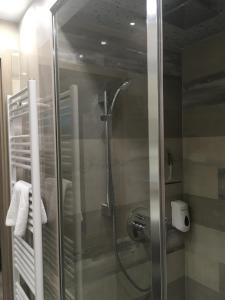 y baño con ducha y puerta de cristal. en Gutenberg Apartments, en Szeged