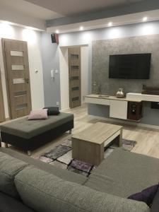 a living room with a couch and a flat screen tv at Gutenberg Apartments in Szeged