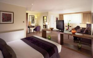 ニューベリーにあるRegency Park Hotel, Health Club & Spaのベッド、デスク、テレビが備わるホテルルームです。