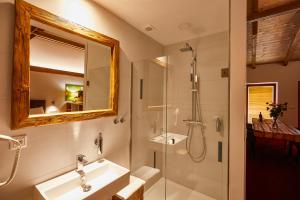 a bathroom with a shower and a sink and a mirror at Hotel Ryzlink in Mikulov