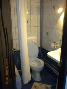 a bathroom with a white toilet and a sink at Pension Garofita in Iaşi