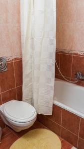 a bathroom with a toilet and a bath tub with a shower curtain at Inci apartman in Pécs