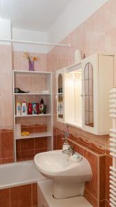 a bathroom with a sink and a toilet and a mirror at Inci apartman in Pécs