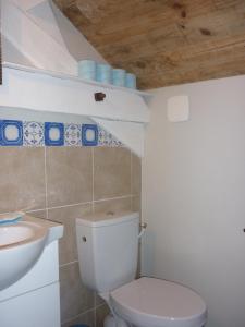 bagno con servizi igienici bianchi e lavandino di Pèque-Lèbre a Saint-Daunès