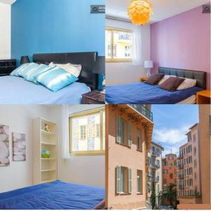un collage de cuatro fotos de un dormitorio en Appartement 3 pièces SoNice au centre de Nice en Niza