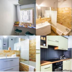 un collage de fotos de una cocina con armarios blancos en Appartement 3 pièces SoNice au centre de Nice, en Niza