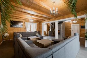 - un salon avec un canapé et une table dans l'établissement Wellness Chata Brejlovka, à Janov nad Nisou