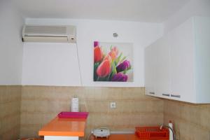 a kitchen with a painting of tulips on the wall at Apartman Bećir in Budva +66 photos