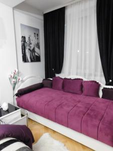 a purple couch in a room with a window at Velvet Lux in Niš
