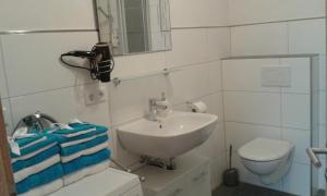 a bathroom with a sink and a toilet and a mirror at Ferienwohnung Kerstenhof in Willich +33 photos