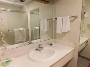 ein Badezimmer mit einem Waschbecken, einem Spiegel und Handtüchern in der Unterkunft The Summit Inn in Snoqualmie Pass