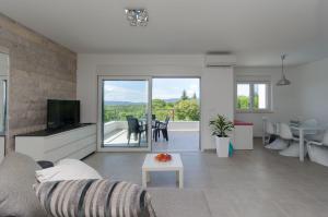 a living room with a couch and a tv and a table at Apartments Residence Romance in Pinezici
