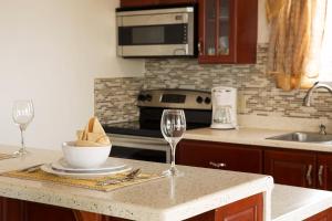 a kitchen with a counter top with a wine glass at Four Diamonds Park Villas in The Settlement