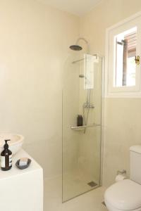 uma cabina de duche em vidro numa casa de banho com WC em Seafront Calista Beach House With Garden em Glyfada