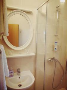 ein Bad mit einer Dusche, einem Waschbecken und einem Spiegel in der Unterkunft Gea Bed and Breakfast in Generalski Stol