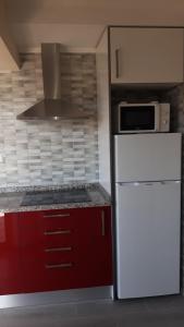 La cuisine est équipée d'un réfrigérateur blanc et d'un four micro-ondes. dans l'établissement Rocha Apartment Plus, à Portimão