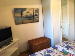 Un dormitorio con una cama con un televisor y un cuadro. en Villa Caprivi 1, en Heringsdorf