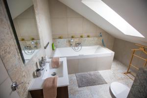 y baño con lavabo blanco y ducha. en Apartmány u sv. Kryštofa en Bzenec