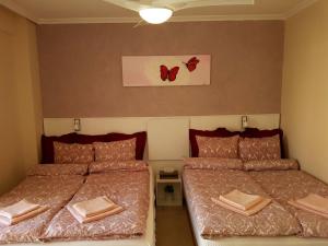 フエンヒロラにあるKristie Apartmentのベッドルーム1室(ベッド2台付)が備わります。壁に蝶の絵が飾られています。