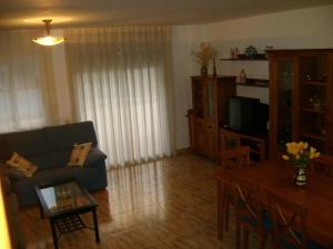 a living room with a blue couch and a table at Apartamentos Pirineos Ordesa II in Aínsa