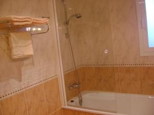 La salle de bains est pourvue d'une douche, d'une baignoire et d'une douche en verre. dans l'établissement Apartamentos Pirineos Ordesa II, à Aínsa