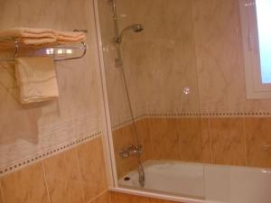 a bathroom with a shower with a tub and a glass shower at Apartamentos Pirineos Ordesa II in Aínsa +5 photos