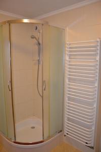 a shower with a glass door in a bathroom at Słoneczne Chaty pod Sonami Kasina Wielka in Kasina Wielka +23 photos