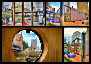 een collage van foto's van een stad met gebouwen bij Wikkelboats at Wijnhaven in Rotterdam
