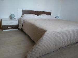 a bedroom with a large bed and a night stand at Apartment Iva in Rovinjsko Selo