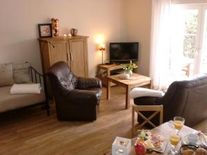 - un salon avec deux fauteuils en cuir et une télévision dans l'établissement Auf "Kleine Wiesen", à Lübbenau
