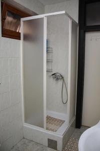 a shower with a glass door in a bathroom at Studio apartman T&I in Ogulin