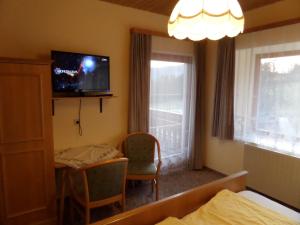 una camera da letto con un letto, un tavolo e una TV di Gästehaus ERLE a Ramsau am Dachstein