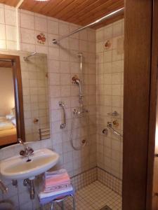 a bathroom with a shower and a sink at Gästehaus ERLE in Ramsau am Dachstein