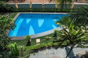 an overhead view of a blue swimming pool with plants at Sharanam Green Resort in Calangute