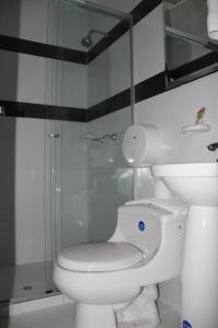 a bathroom with a toilet and a glass shower at COLOMBIA-Hotel Hontibon in Pamplona