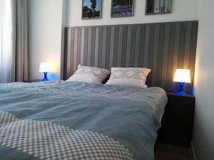 a bedroom with a large bed with two lamps at Centrum in Szczecin