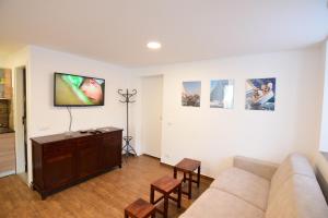 a living room with a couch and a tv on a wall at Apartment Bea with FREE BIKE and BIKE STORAGE in Koper