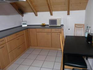 cocina con encimera negra y microondas en Bodensee Loge, en Radolfzell am Bodensee