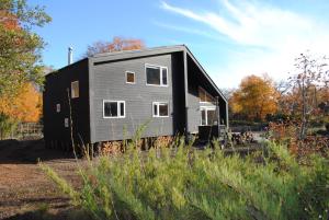 a tiny house sitting on top of a field at Casa Negra Nevados de Chillan in Las Trancas