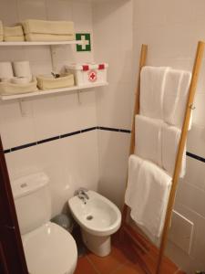 y baño con aseo, lavabo y toallas. en Casas da Avó Alsira, en Évora