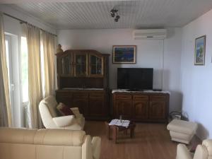 a living room with a couch and a tv at Apartments Danijela in Lumbarda