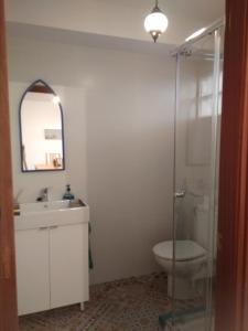 トレモリノスにあるLovely Andalusian Loft in torremolinosのバスルーム(洗面台、トイレ、鏡付)