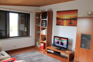sala de estar con TV y estante de libros en Casa do Batista, en Britiande