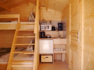 a room with bunk beds in a log cabin at Villa Sperlingslust in Rheinsberg