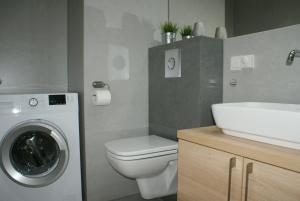 a bathroom with a washing machine and a sink at Caroline Street nine in Katowice +14 photos
