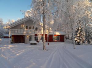 a house covered in snow with trees in front of it at Riverhouse Lumo in Ivalo +37 photos