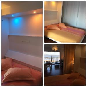three pictures of a bedroom with a bed and a room with a table at La Plage - Appartement face mer sur la plage in Le Pouliguen
