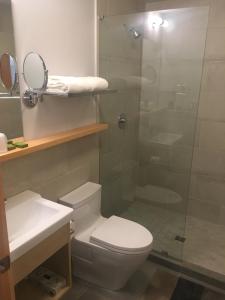 a bathroom with a toilet and a glass shower at Harbour House Hotel in Ganges +37 photos